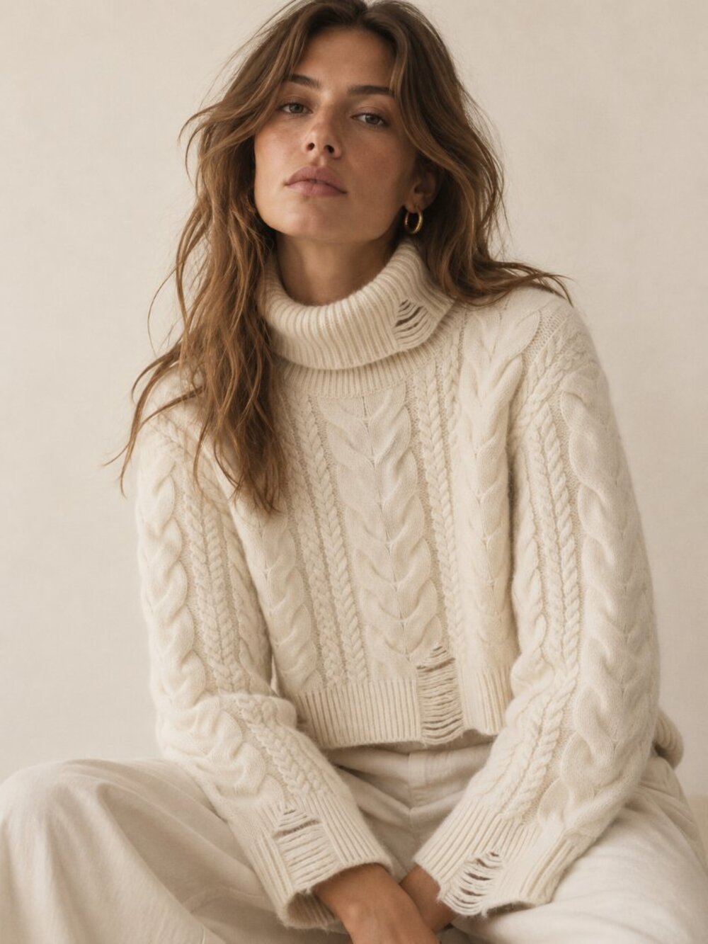 ARCH4 100% Cashmere Distressed Cable Knit Turtleneck Sweater S Ivory